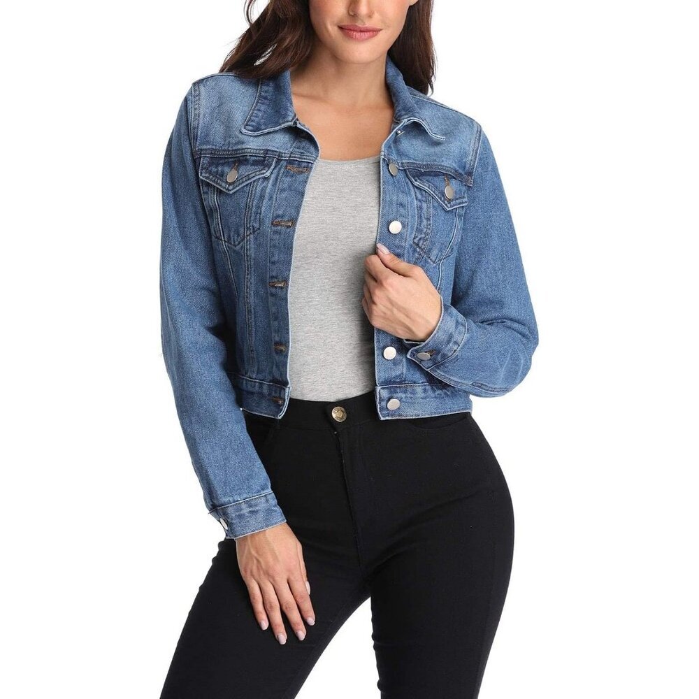 Women's Denim Jackets Crop Long Sleeve Button Down Crop Jean With Pockets Blue2